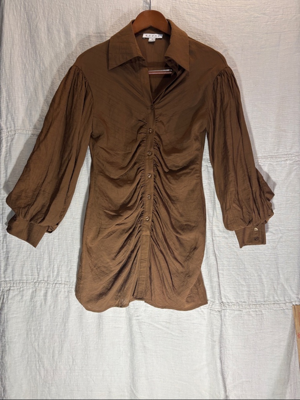 HYFVE Brown Long Sleeve Ruched Button-Front Dress Balloon Sleeves